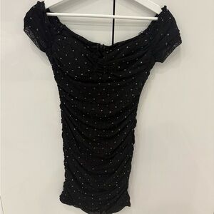 Black Ruched Off-Shoulder Dress with Crystal Dots